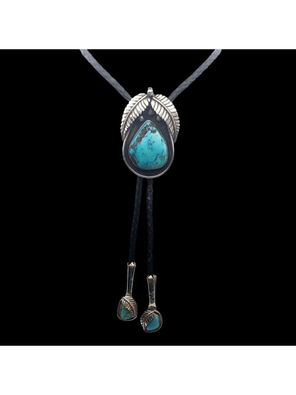 Navajo Large Turquoise Cabochon Silver Slide Braided Leather Bolo Tie Signed
